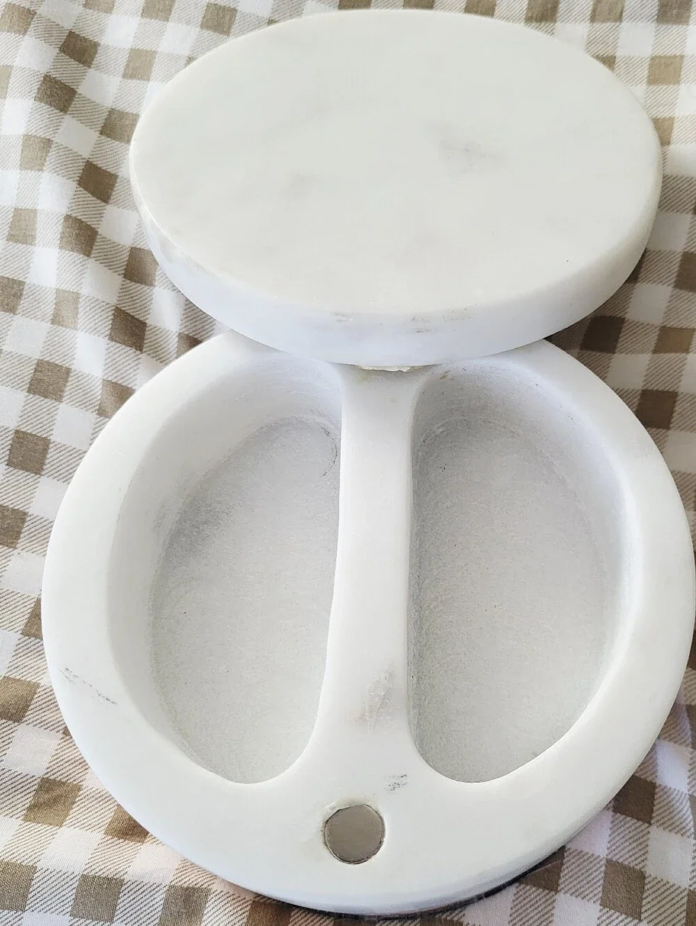 William Sonoma Round White Marble Salt & Pepper Keeper With Copper Base